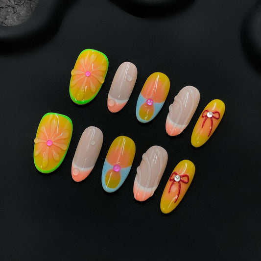 neon flower tropical press on nails summer ombre french tip, bow accent colorful nail art rhinestone vacation festive cute sculpted oval art