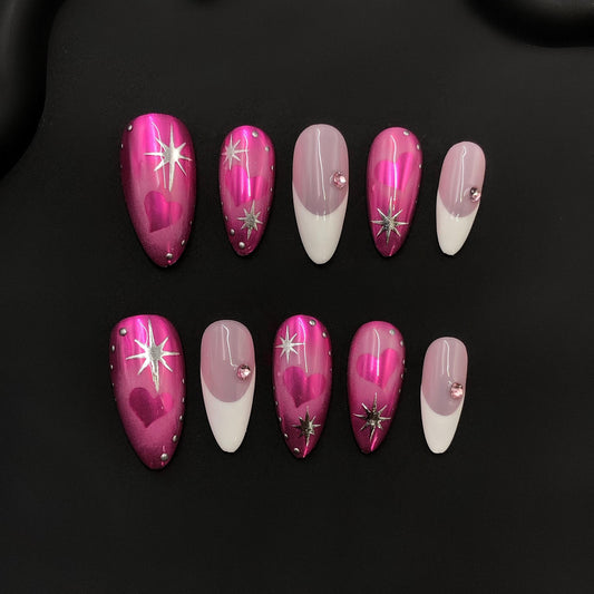 pink chrome heart art starburst valentine press on nails glam pink rhinestone cute pink galaxy cosmic design sparkly love theme art