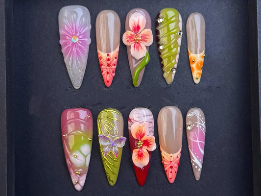 floral nail art, 3D flower abstract colorful ombre rhinestone hand-painted summer bold design, artistic nature inspired press on statement