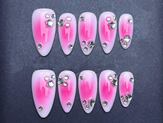 pink ombre nails, rhinestone nails, star nails, glitter nails, cute nails, girly  glossy pink and white press on crystal sparkly aesthetic