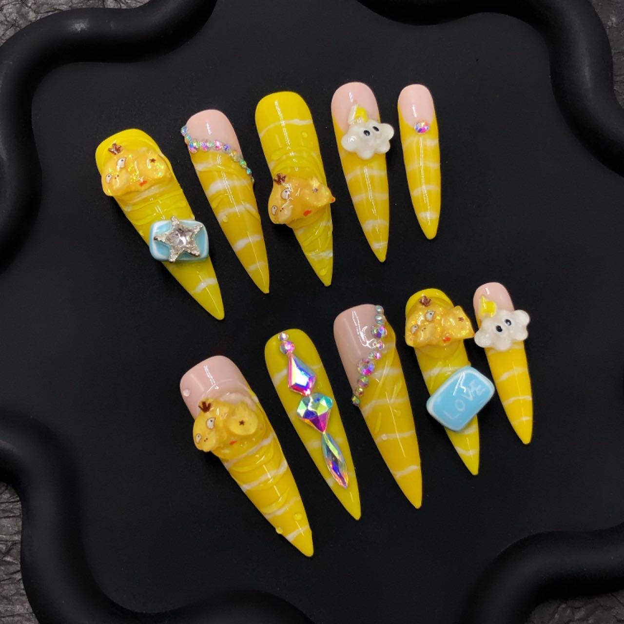 kawaii press on nails cute yellow 3D cartoon stiletto press on cloud art, bear charms, pastel long glam anime inspired bling fun character