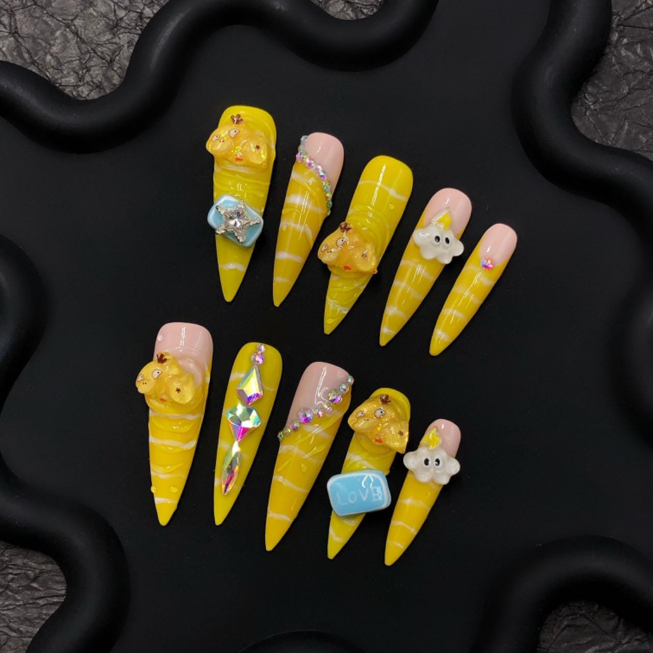 kawaii press on nails cute yellow 3D cartoon stiletto press on cloud art, bear charms, pastel long glam anime inspired bling fun character