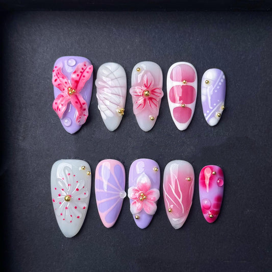 Pink and Purple 3D Floral Press On Nails Manicure press on artificial glue on faux reusable trendy nail