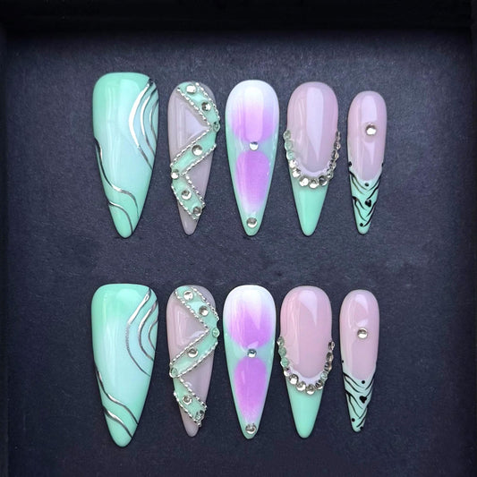 Mint Lavender Rhinestone Glam Press On Nails Manicure press on artificial glue on faux reusable trendy nail