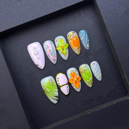 Iridescent Garden Bloom Press On Nails Manicure press on artificial glue on faux reusable trendy nail