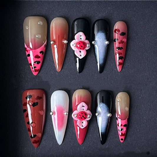 Ladybug Love Leopard Print Press On Nails Manicure press on artificial glue on faux reusable trendy nail