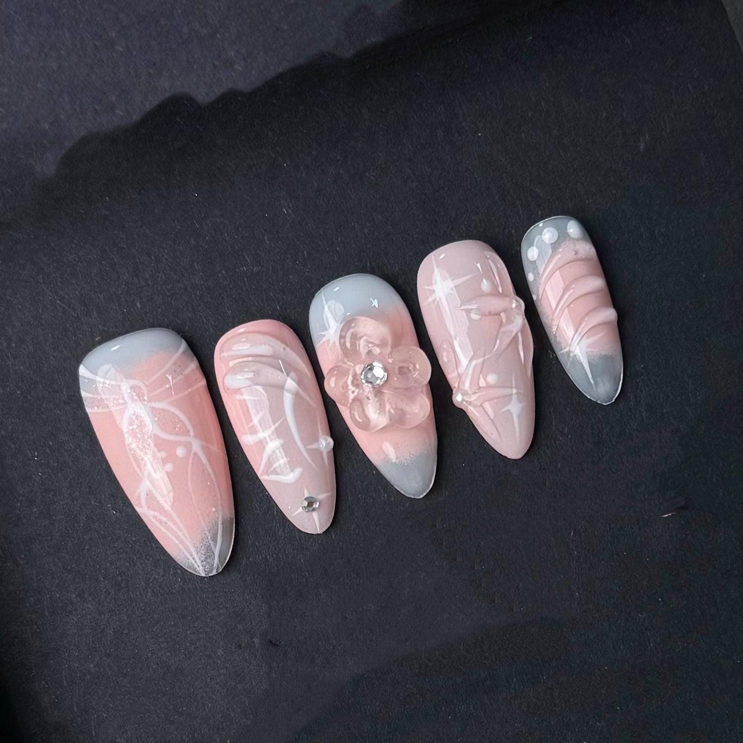 Blush Pink Pearl 3D Floral Press On Nails Manicure press on artificial glue on faux reusable trendy nail