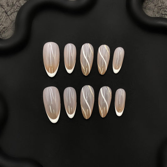 Elegant Nude Swirl French Tip Press-On Nails chic classy weddings work glam white gold medium almond glue on nails faux swirl artificial art