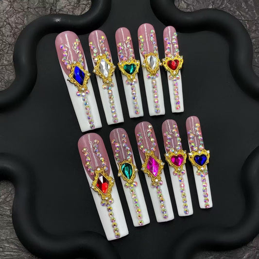 Royal Jewel Crystal Press-On Nails Long Coffin Glam Set glue on artificial nails French oversize gems ornate regal faux nails hand made art