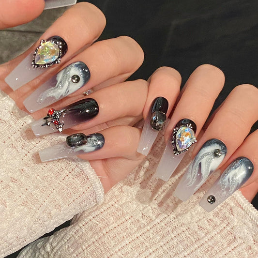 Galaxy Dream Coffin Nails – Black & White Marble with Gems press on glue on iridescent celestial ombre clear tips 3d embellishments nail art