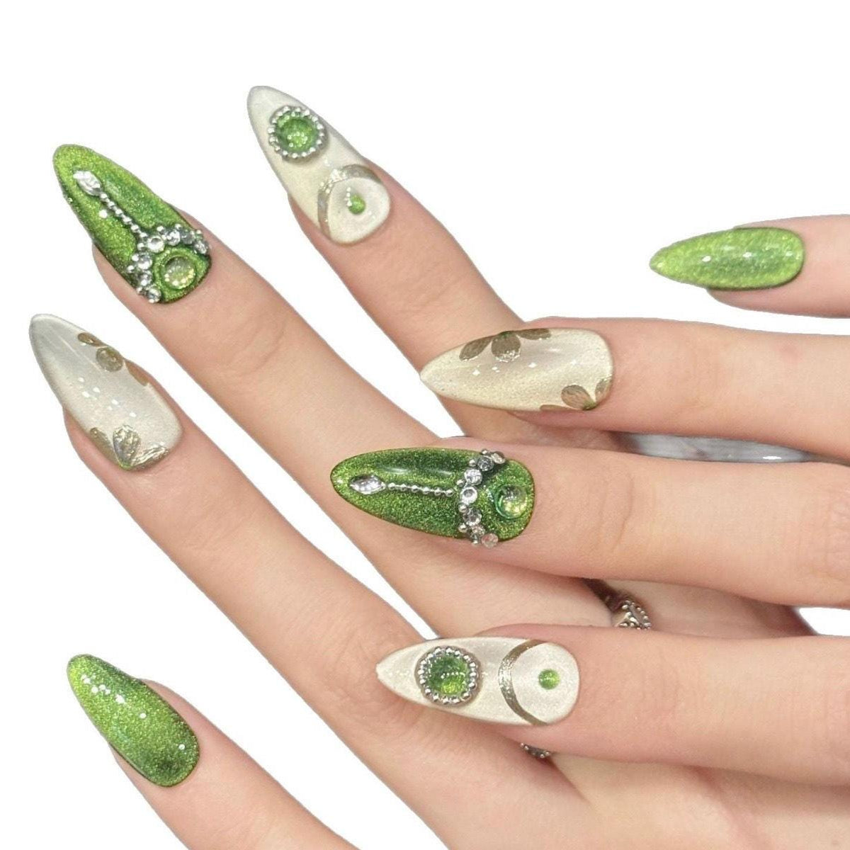Emerald Envy Press-On Nails – Green & Gold Gemstone Glam Set glue on luxe medium almond emerald green champagne shimmer ornate rhinestones