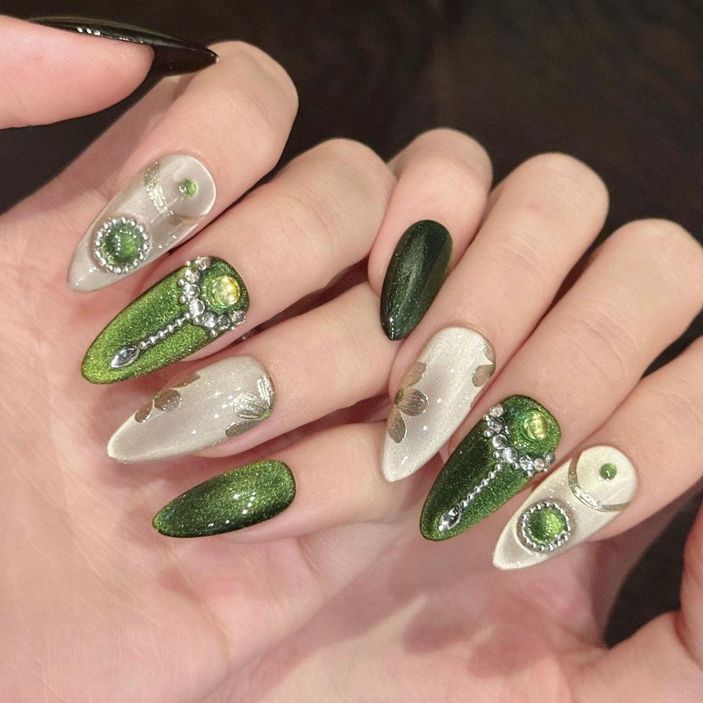 Emerald Envy Press-On Nails – Green & Gold Gemstone Glam Set glue on luxe medium almond emerald green champagne shimmer ornate rhinestones