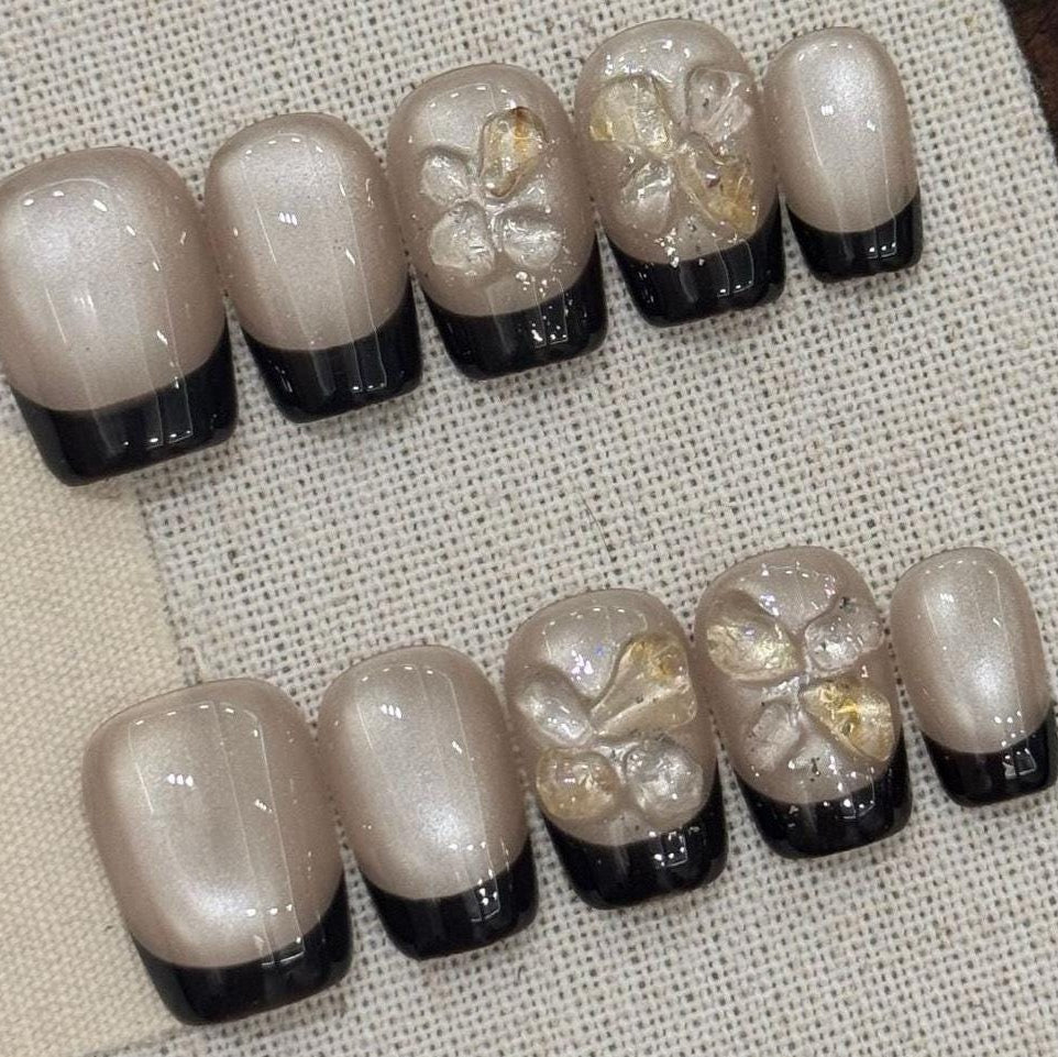 Champagne & Black French Tip Toe Nails – 3D Floral Luxe Set glue on glossy stunning ideal for weddings parties or everyday