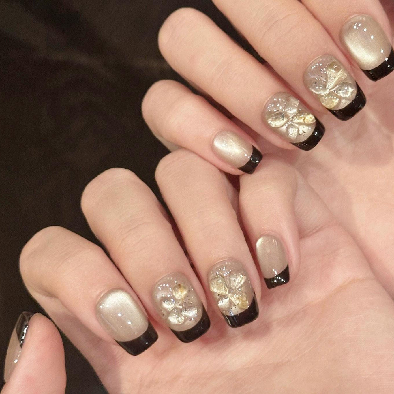Champagne & Black French Tip Toe Nails – 3D Floral Luxe Set glue on glossy stunning ideal for weddings parties or everyday