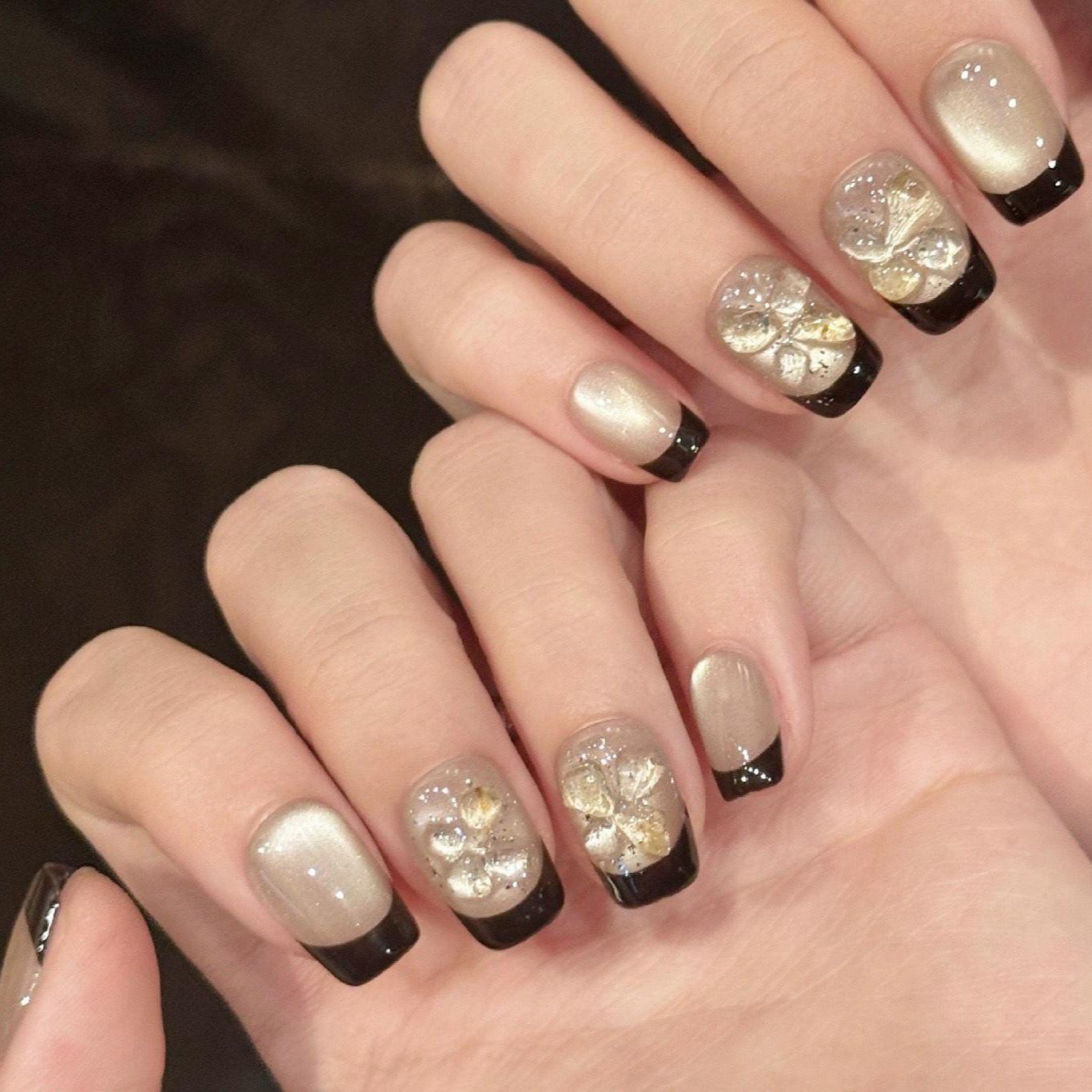 Champagne & Black French Tip Toe Nails – 3D Floral Luxe Set glue on glossy stunning ideal for weddings parties or everyday