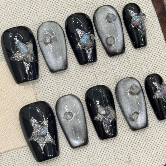 Galaxy Sparkle Press-On Toe Nails – Black & Silver Starry Set glue on celestial night sky nail art