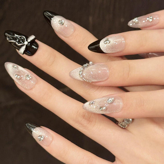 Midnight Glam Press-On Nails Black & Silver Sparkle short almond Bow Accent glue on artificial 3d embellished studs bows elegant nail art