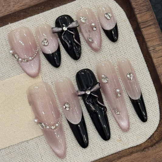 Elegant Pearl & Bow Press-On Nails – Nude Black Glam French Set glue on artificial long stiletto 3d embellishments rhinestone nail art