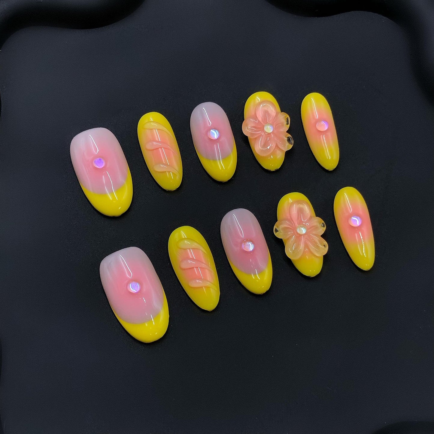 press-on nails gradient yellow and pink ombre design 3D flower glossy rhinestone art sculpted summer style floral design cute ideas bright