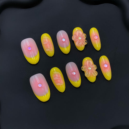 press-on nails gradient yellow and pink ombre design 3D flower glossy rhinestone art sculpted summer style floral design cute ideas bright