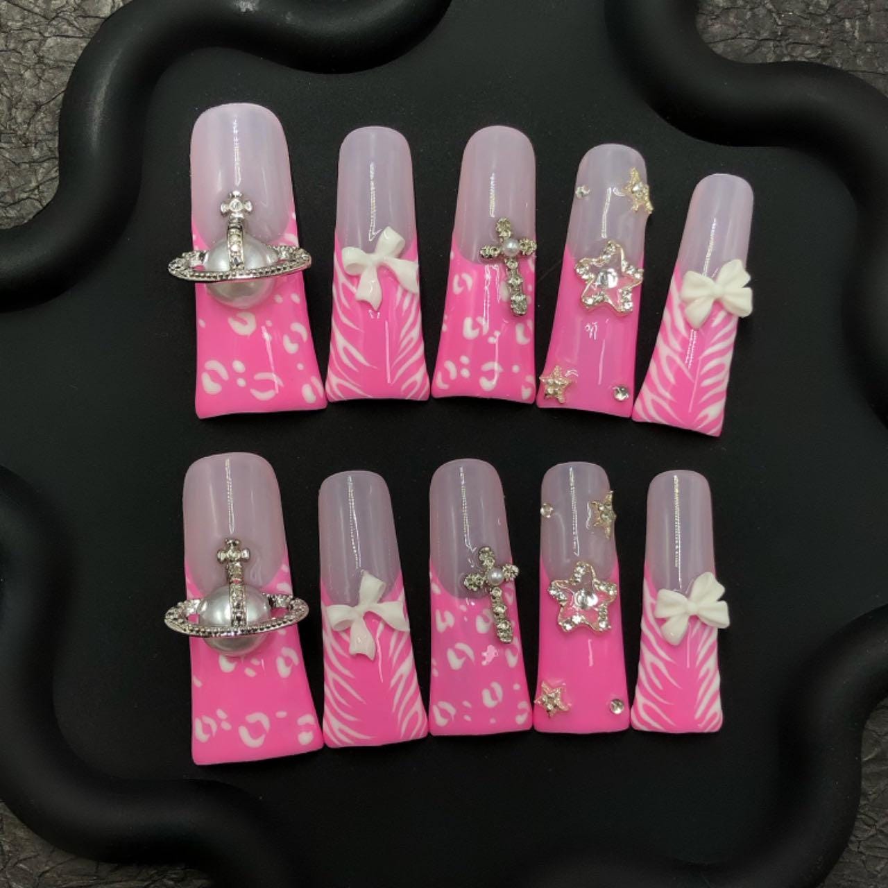 Pink Zebra Charm Nails – 3D Bows & Glitter Accents glue on artificial faux nails