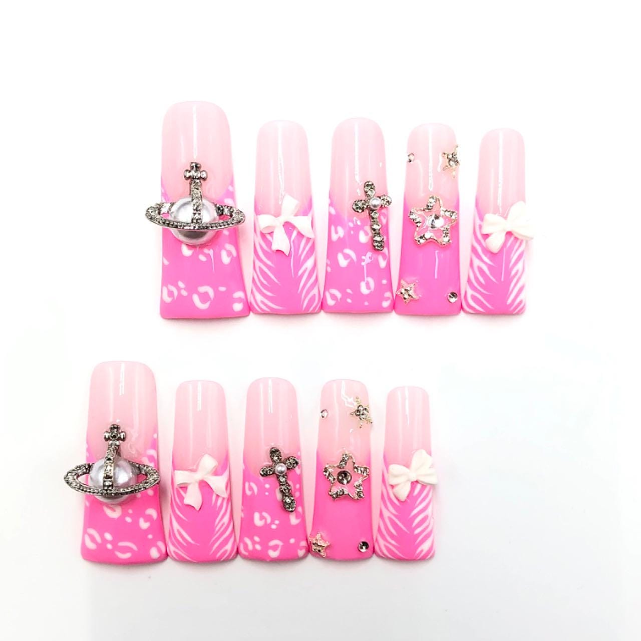 Pink Zebra Charm Nails – 3D Bows & Glitter Accents glue on artificial faux nails