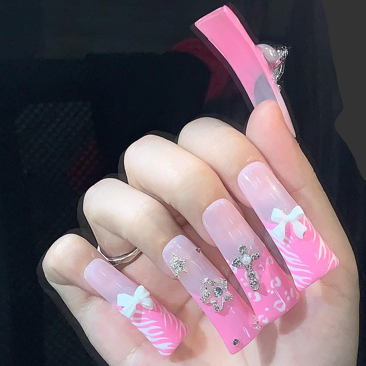 Pink Zebra Charm Nails – 3D Bows & Glitter Accents glue on artificial faux nails