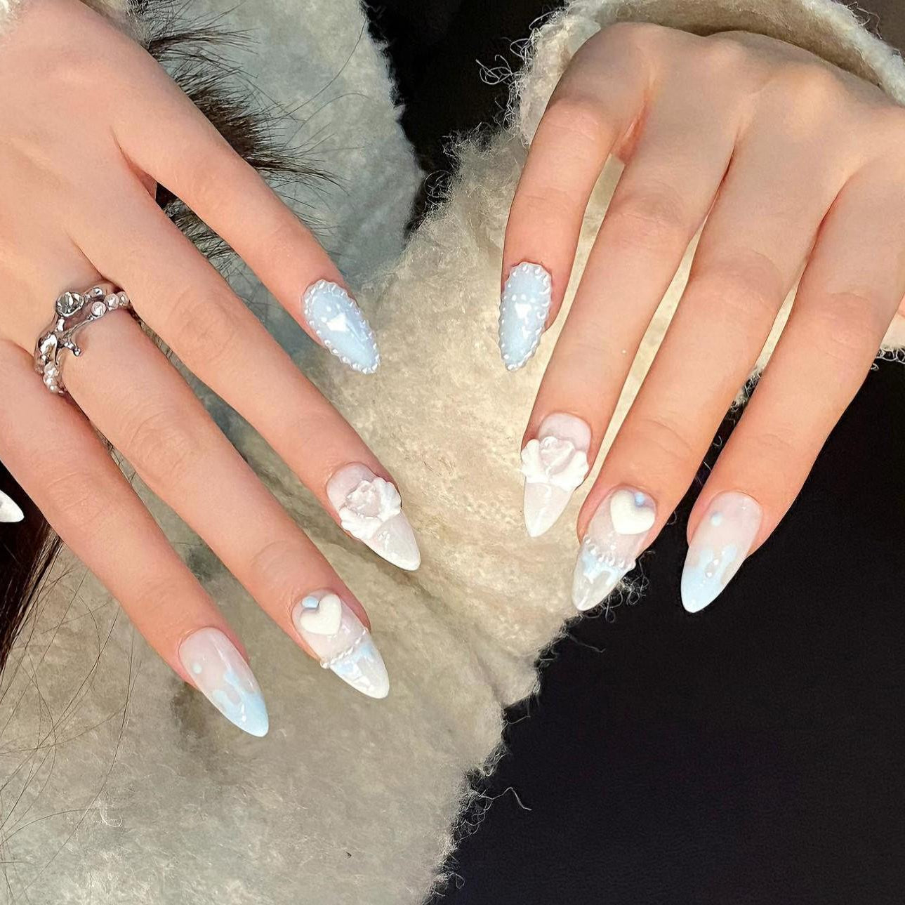 Frosted Dream Press-On Nails – Pastel Blue & White 3D Kawaii Set glue on artificial faux medium almond winter holiday nail art hand painted