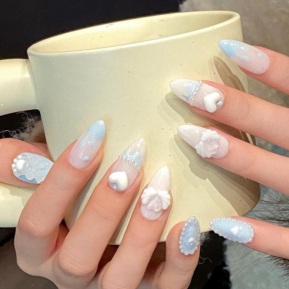 Frosted Dream Press-On Nails – Pastel Blue & White 3D Kawaii Set glue on artificial faux medium almond winter holiday nail art hand painted