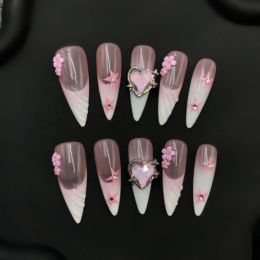 Pink Heart Princess Press On Nails – Cute Floral Star Charm Set
