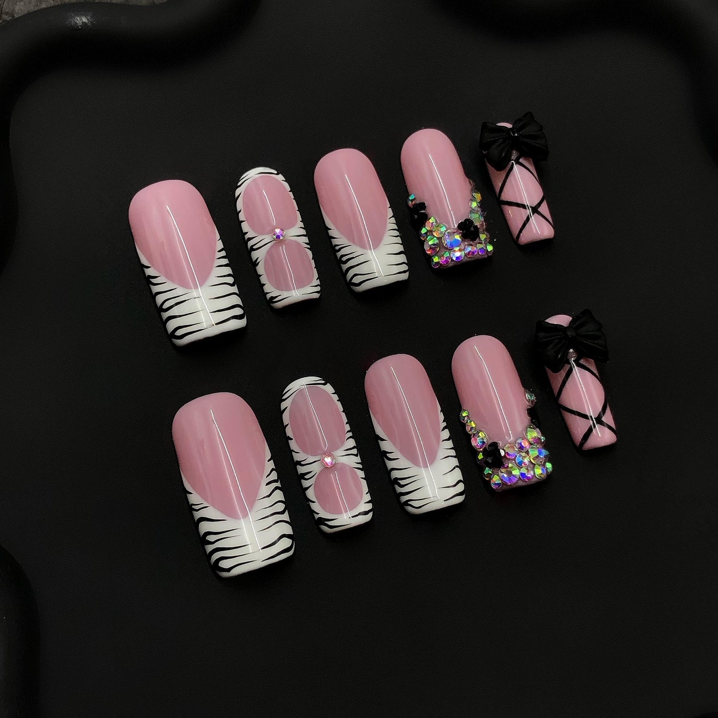 Pink Zebra Baddie Press On Nails – Bow, Rhinestone & Animal Print Set