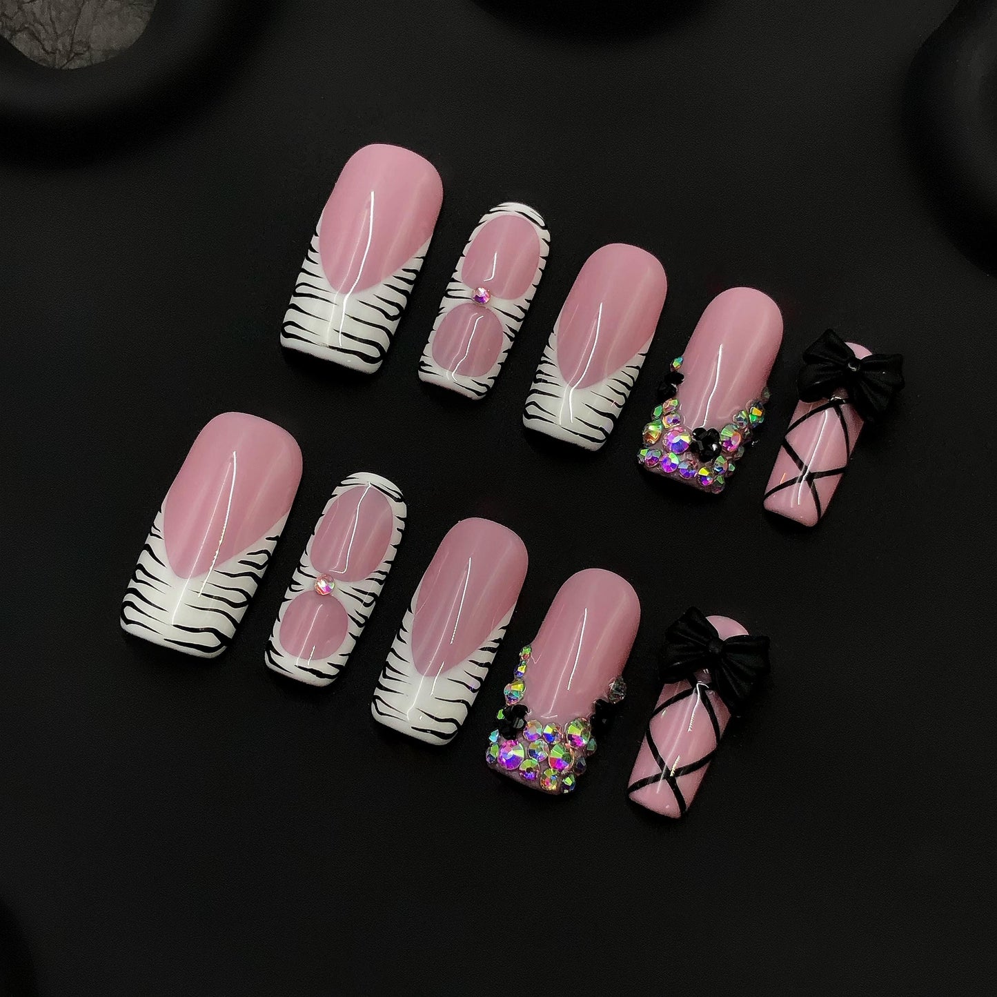 Pink Zebra Baddie Press On Nails – Bow, Rhinestone & Animal Print Set