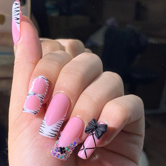 Pink Zebra Baddie Press On Nails – Bow, Rhinestone & Animal Print Set
