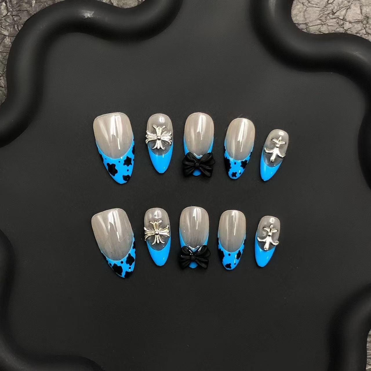Blue Cow Print Gothic Press On Nails – Cross & Bow Accent Set