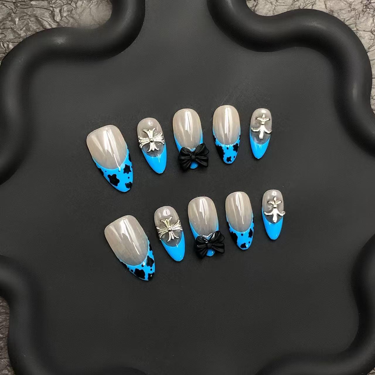 Blue Cow Print Gothic Press On Nails – Cross & Bow Accent Set