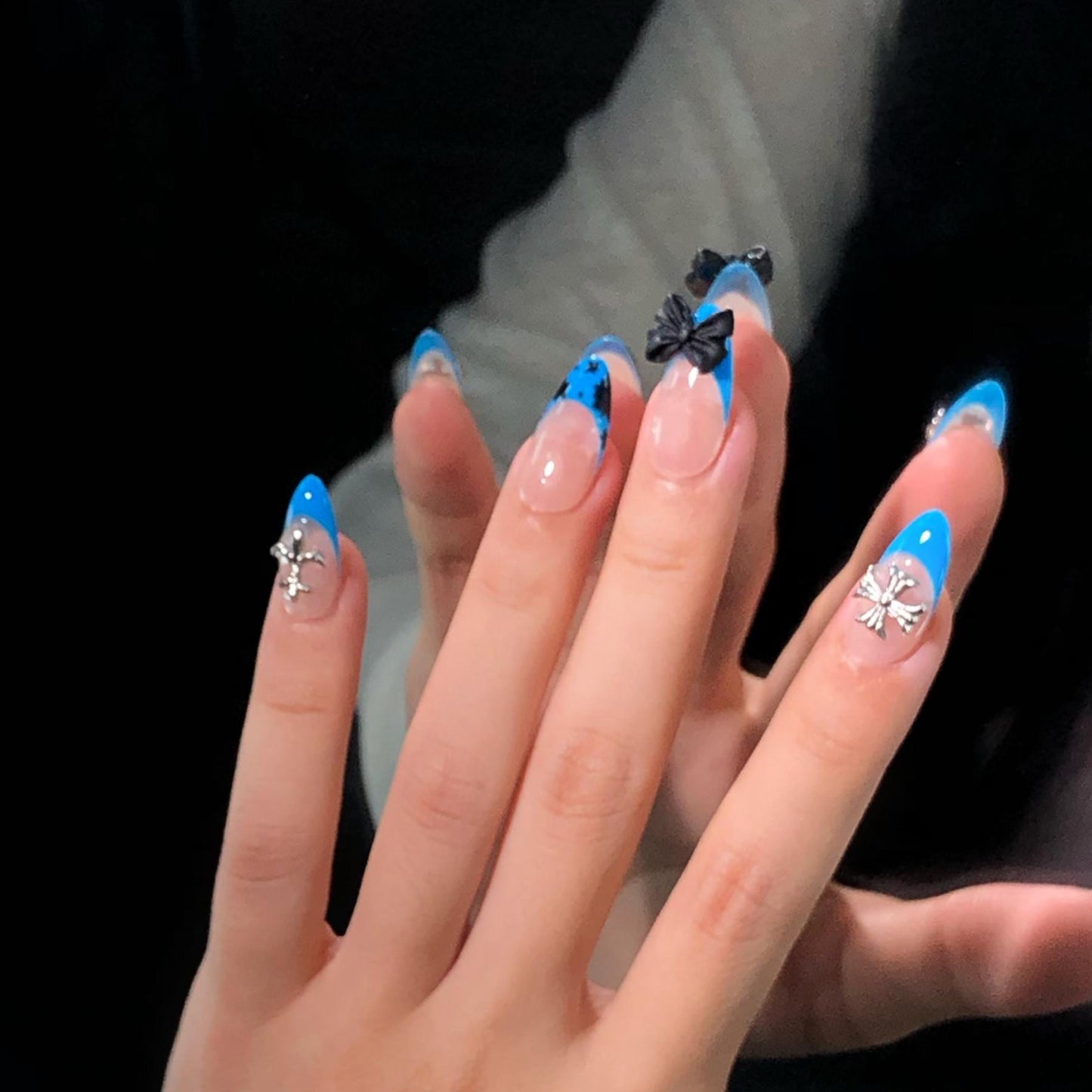 Blue Cow Print Gothic Press On Nails – Cross & Bow Accent Set