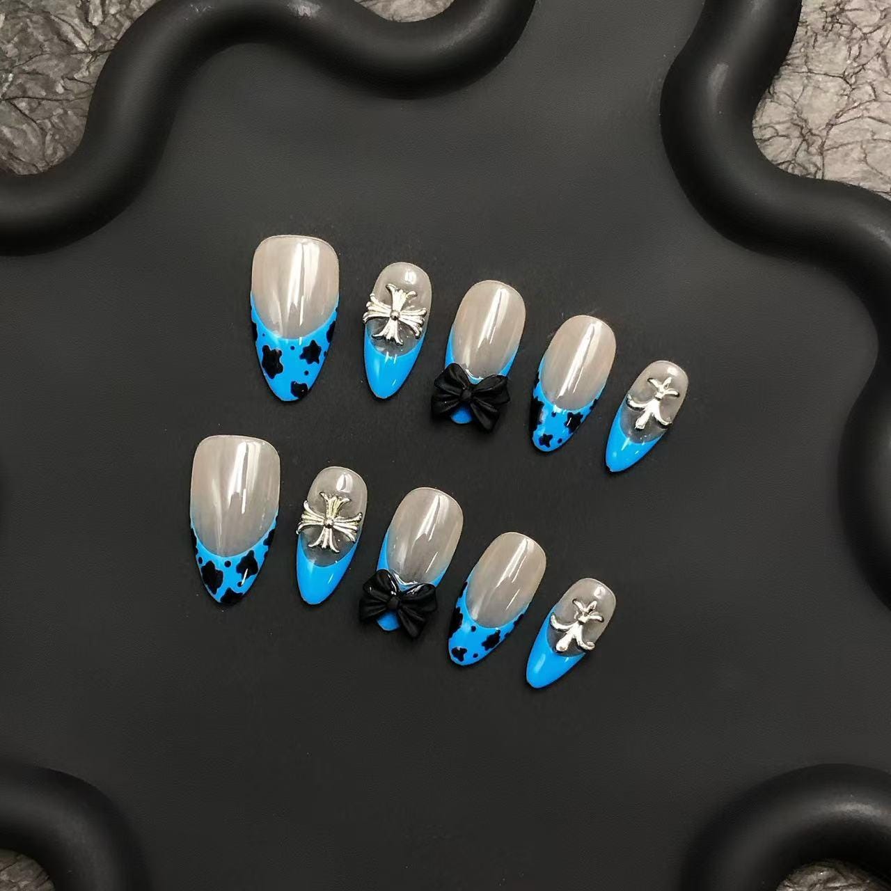 Blue Cow Print Gothic Press On Nails – Cross & Bow Accent Set