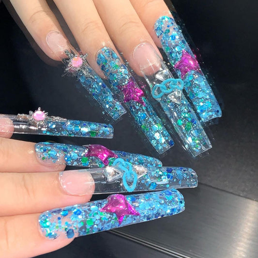 Galaxy Glitter Blue Press On Nails – Star Charm & Cosmic Chain Set