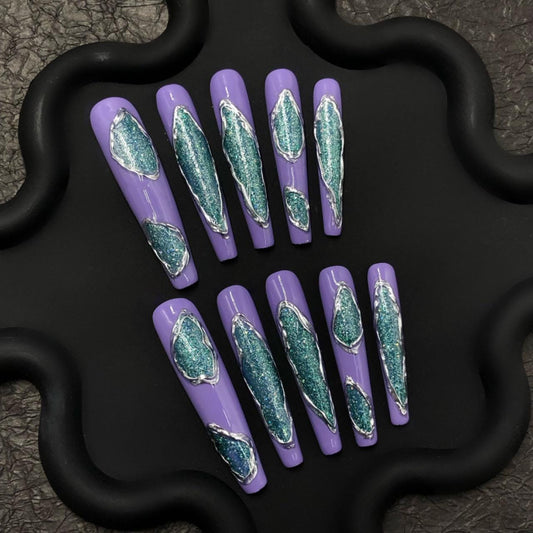 Geode-Inspired Purple Press On Nails – Glitter Crystal Rock Design