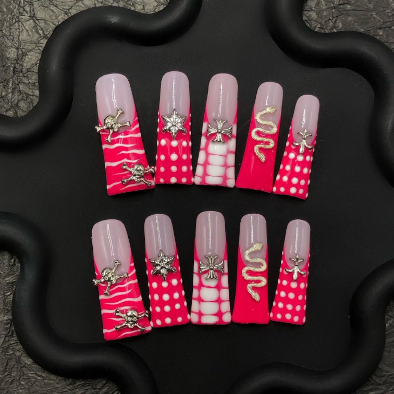 Hot Pink Punk Press On Nails – Skull, Snake & Polka Dot Design Set