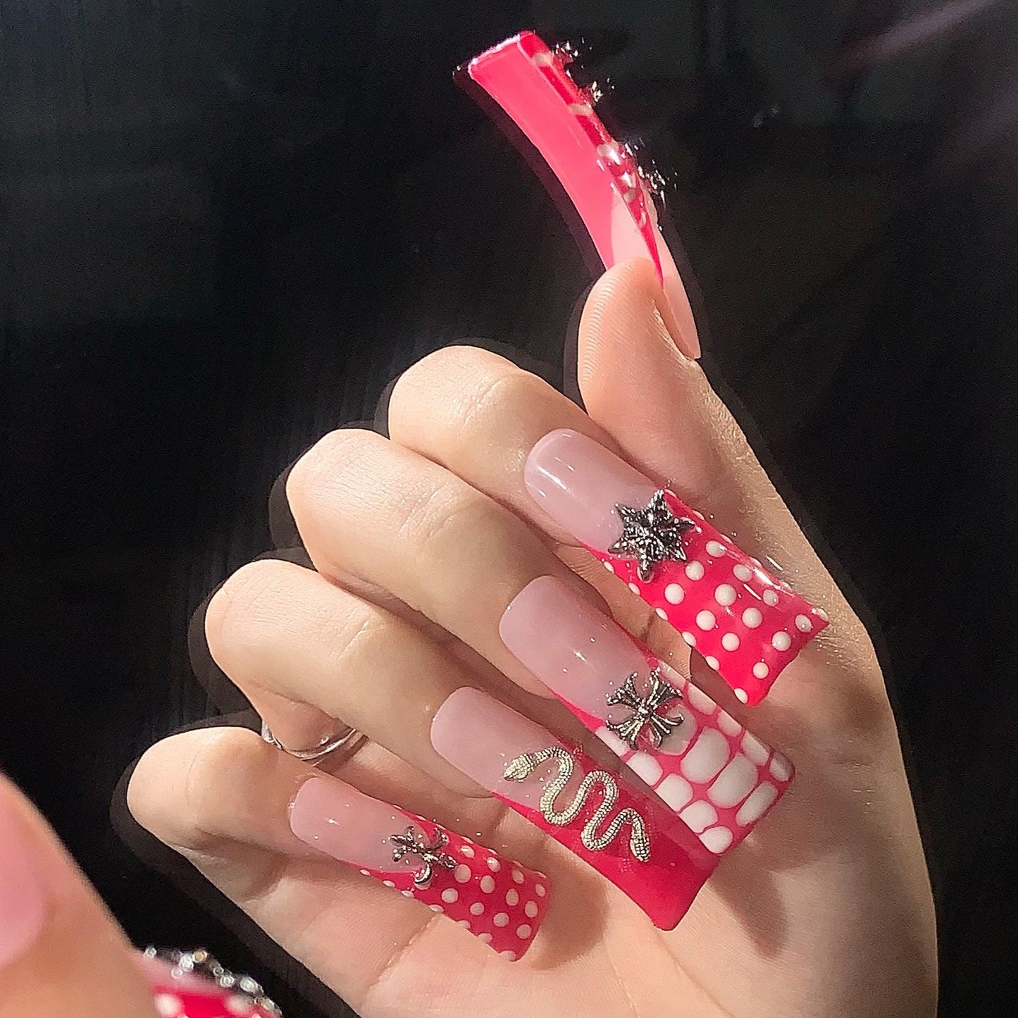 Hot Pink Punk Press On Nails – Skull, Snake & Polka Dot Design Set