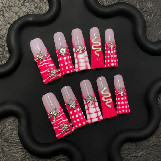 Hot Pink Punk Press On Nails – Skull, Snake & Polka Dot Design Set