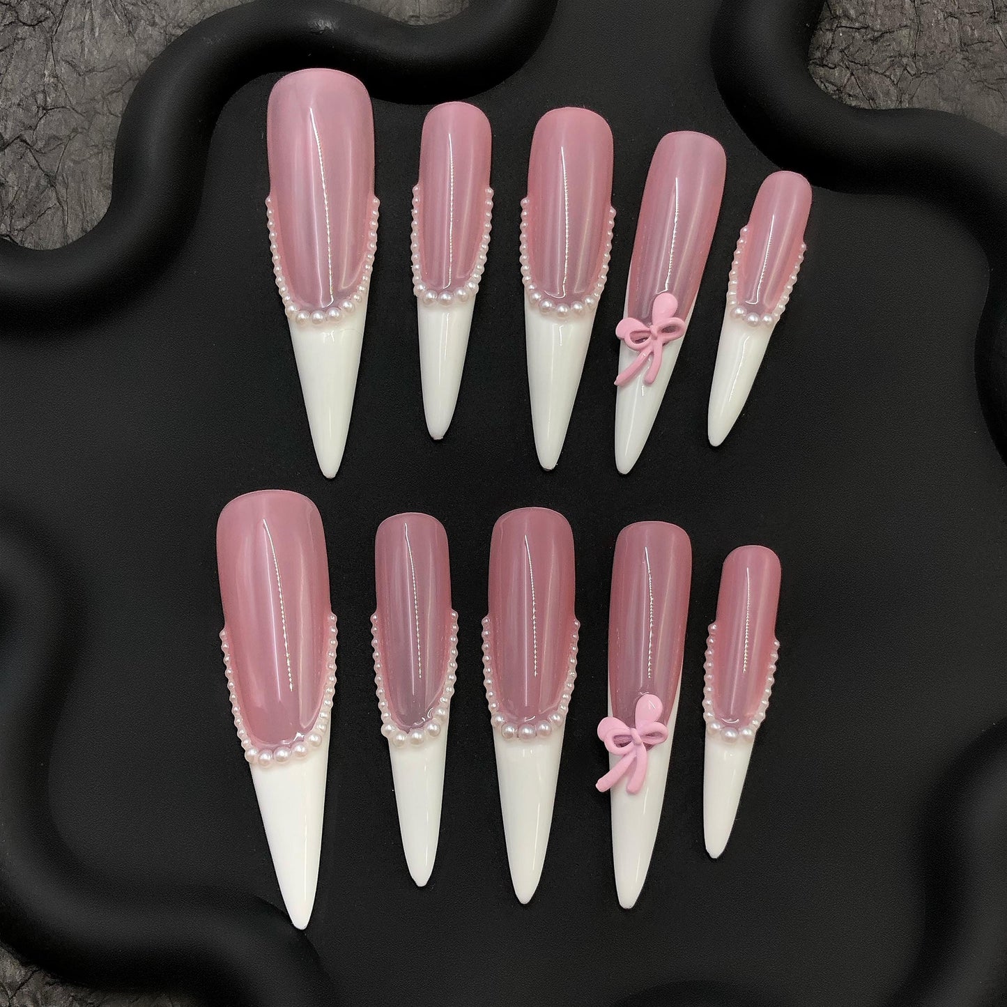 Pink Pearl Bow Nails – Long French Press On Nails with Pearls & 3D Bow Charms artificial glue on faux nails bridal wedding coquette vibe art