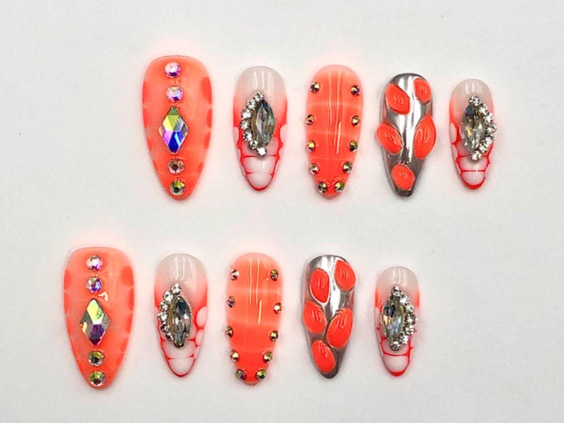 Neon Coral Chrome & Rhinestone Glam Press-On Nails – Mixed Texture Stiletto Set glue on artificial faux nails