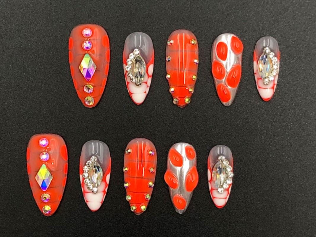 Neon Coral Chrome & Rhinestone Glam Press-On Nails – Mixed Texture Stiletto Set glue on artificial faux nails