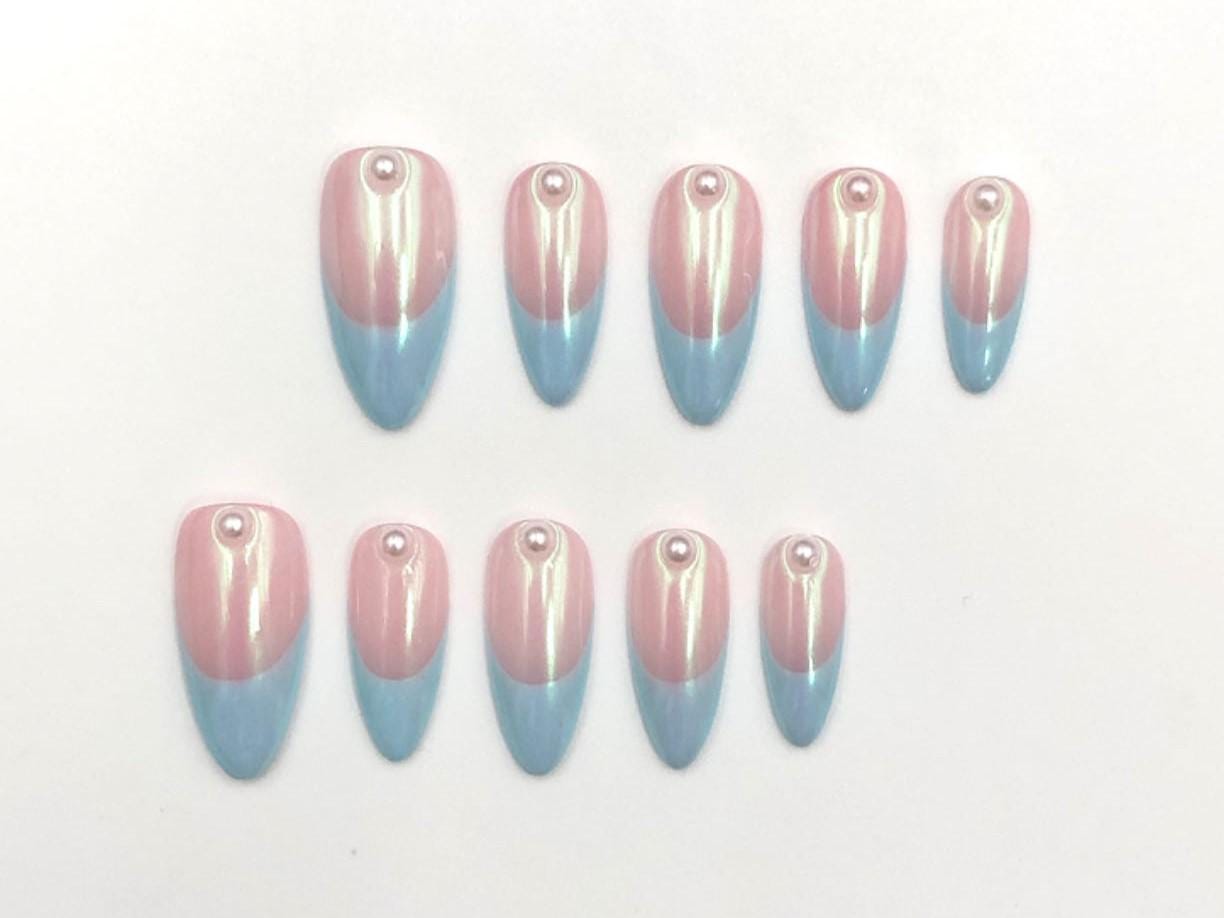 Iridescent Baby Pink & Blue Chrome Almond Nails – Pearl Accent Fairycore Set glue on artificial faux medium almond nails hand painted art