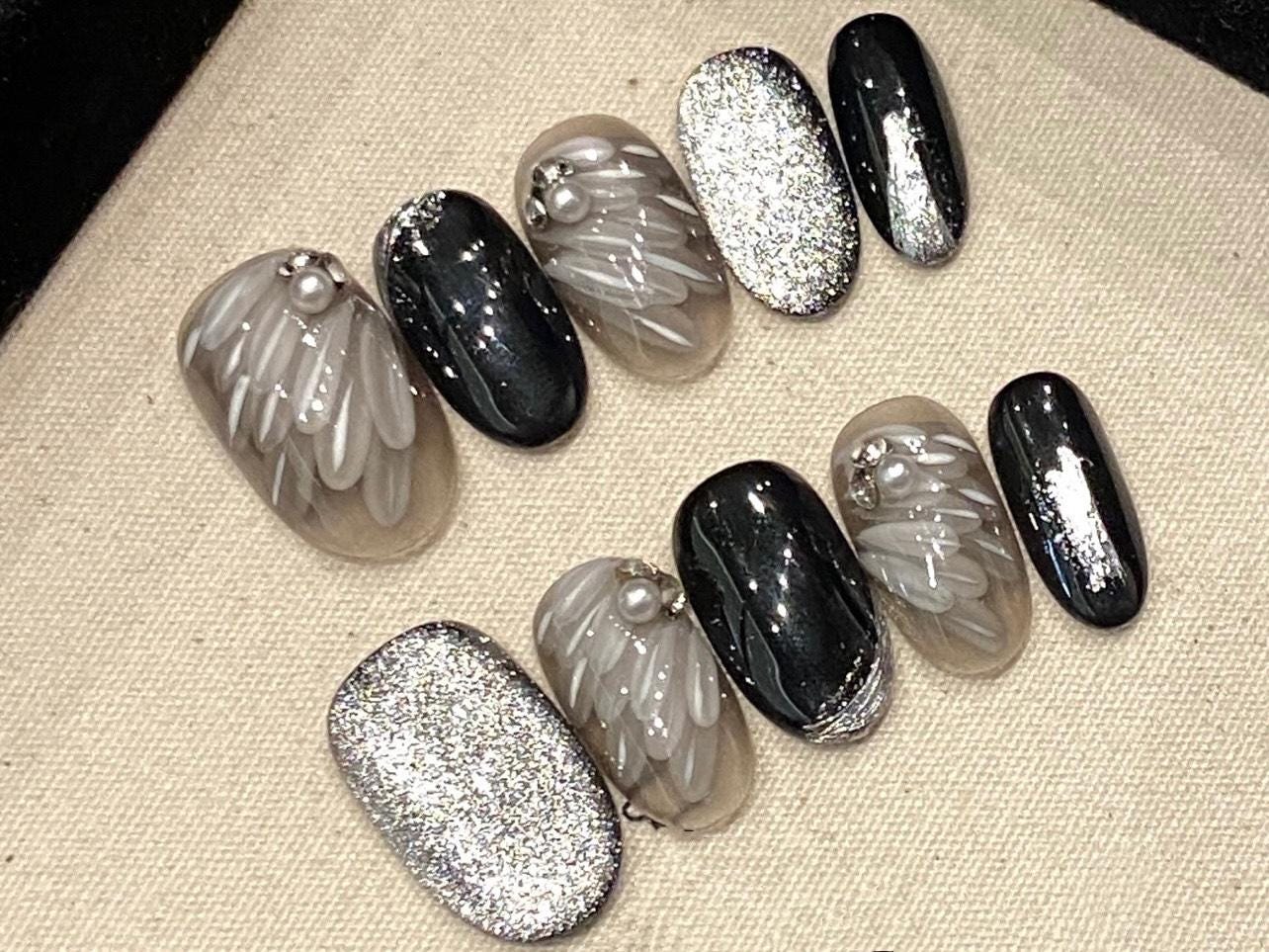 Black & Silver Angel Wing Press-On Nails 3D Art Pearl Accent Glitter Set Short Oval Wings Of Clouds Feather Ethereal Gothic Glam Celestial