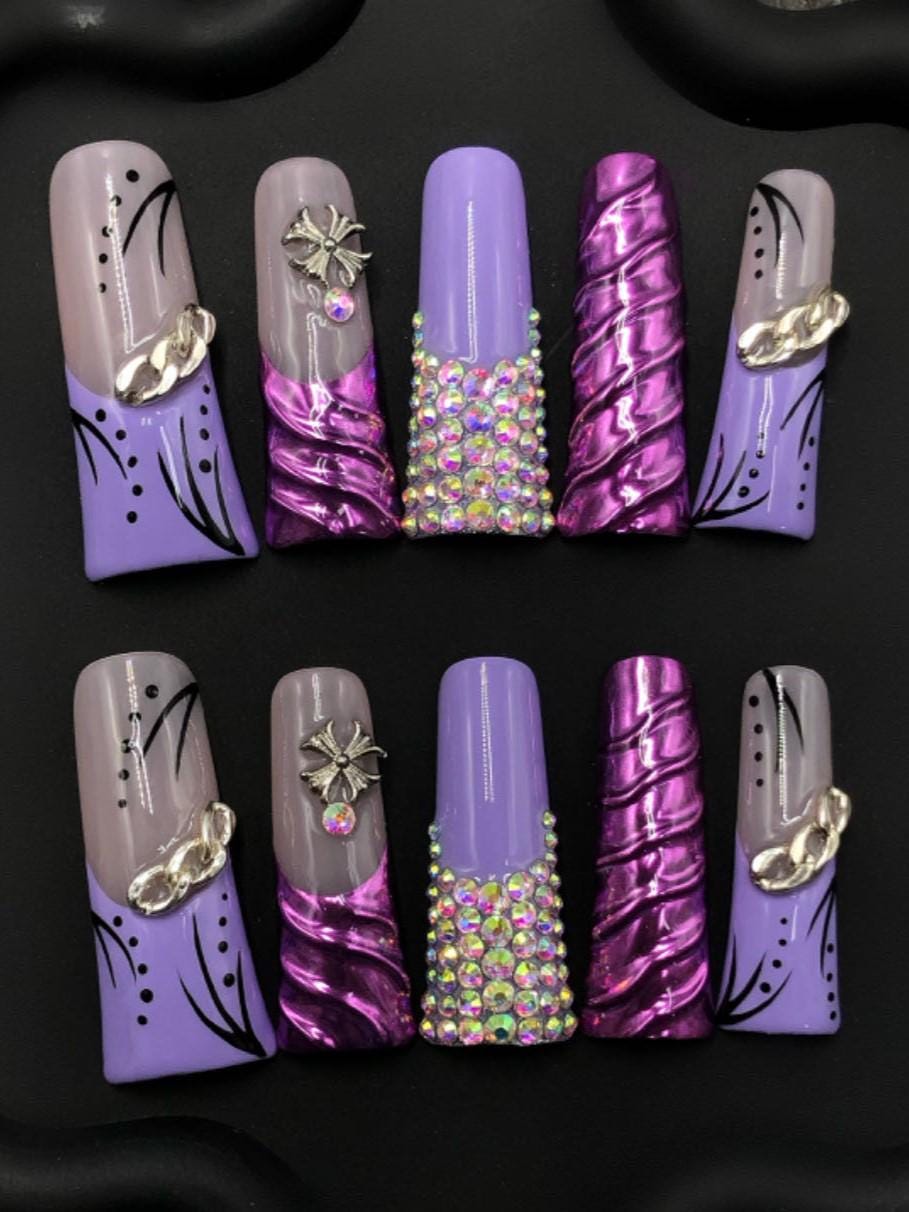 Glam Purple Chrome Press-On Nails with Rhinestones & Chain Accents – Extra Long Coffin Set long duck artificial glue on faux nail art