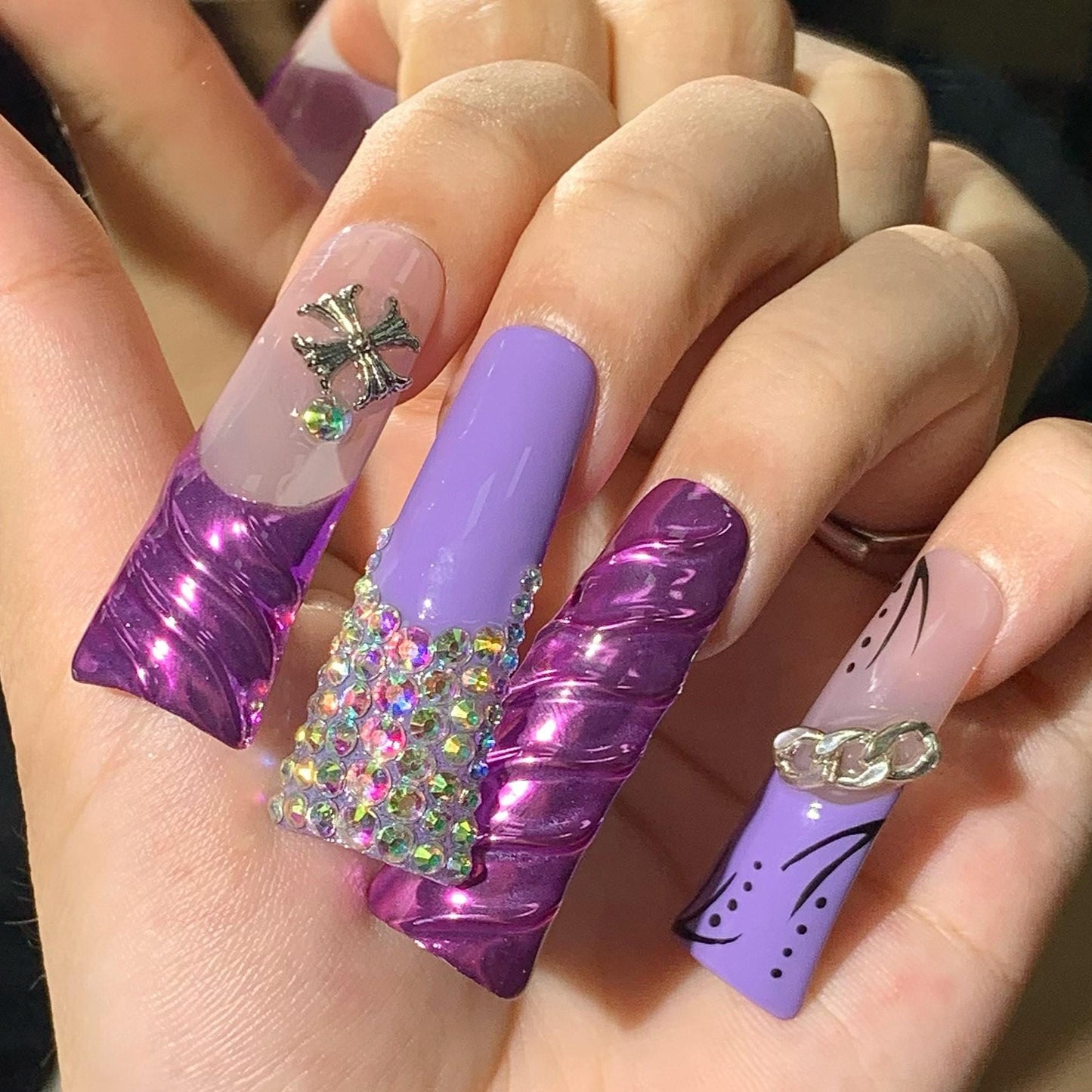 Glam Purple Chrome Press-On Nails with Rhinestones & Chain Accents – Extra Long Coffin Set long duck artificial glue on faux nail art