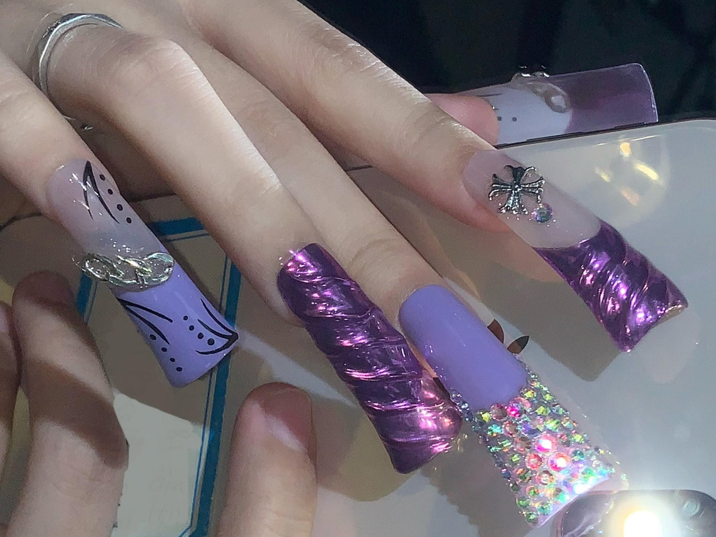 Glam Purple Chrome Press-On Nails with Rhinestones & Chain Accents – Extra Long Coffin Set long duck artificial glue on faux nail art